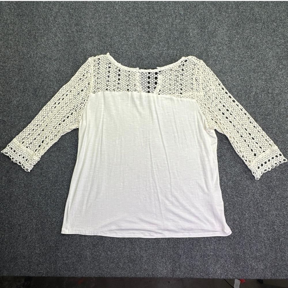 Crochet Lace Yoke Top Cream White 3/4‎ Sleeve Neck Ribbon Tie Back Adiva Cottage